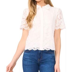 CeCe White Floral Lace Button Front Top Size Large NWOT